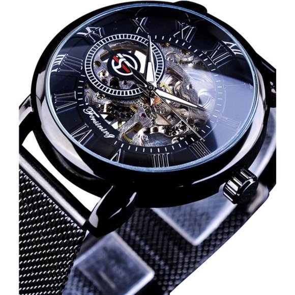 Men's Skeleton Watch Steampunk Watch Mechanical Watch for Men Minimalist, Black - Picture 2 of 6